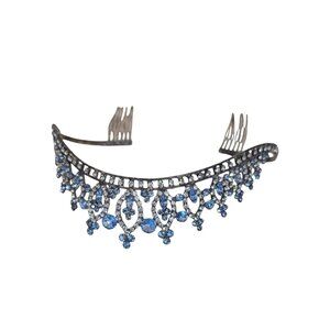 Vintage Blue Rhinestone Silver Tiara Headband With Comb Attachments